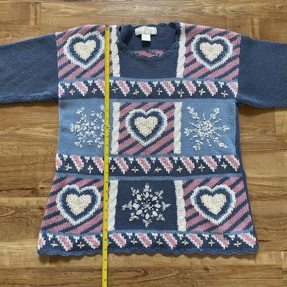 VINTAGE 90s Women M Blue Granny Core Heart Patchwork Heavy Knit Sweater Cottage - Picture 12 of 16